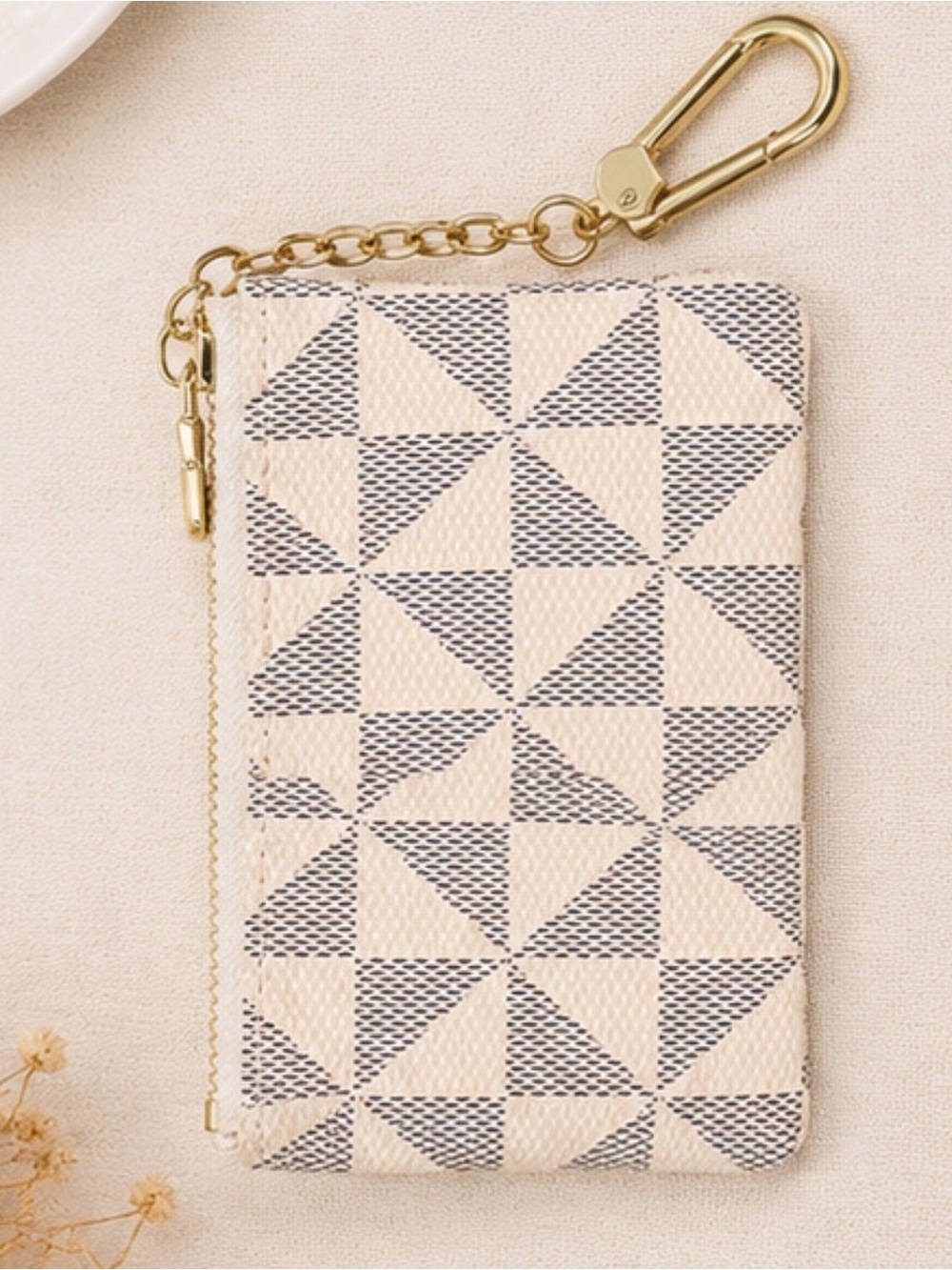 Designer Inspired Beige Geometric Zip Card Wallet with Gold Chain